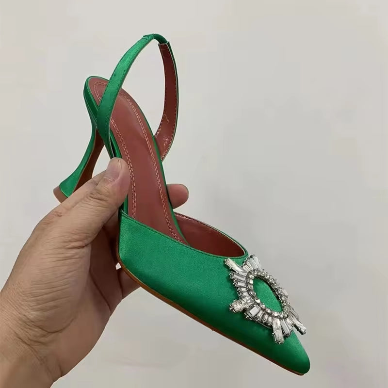 2025 Brand Women Pumps Luxury Crystal Slingback High Heels Summer Bride Shoes Comfortable Triangle Heeled Party Wedding Shoes