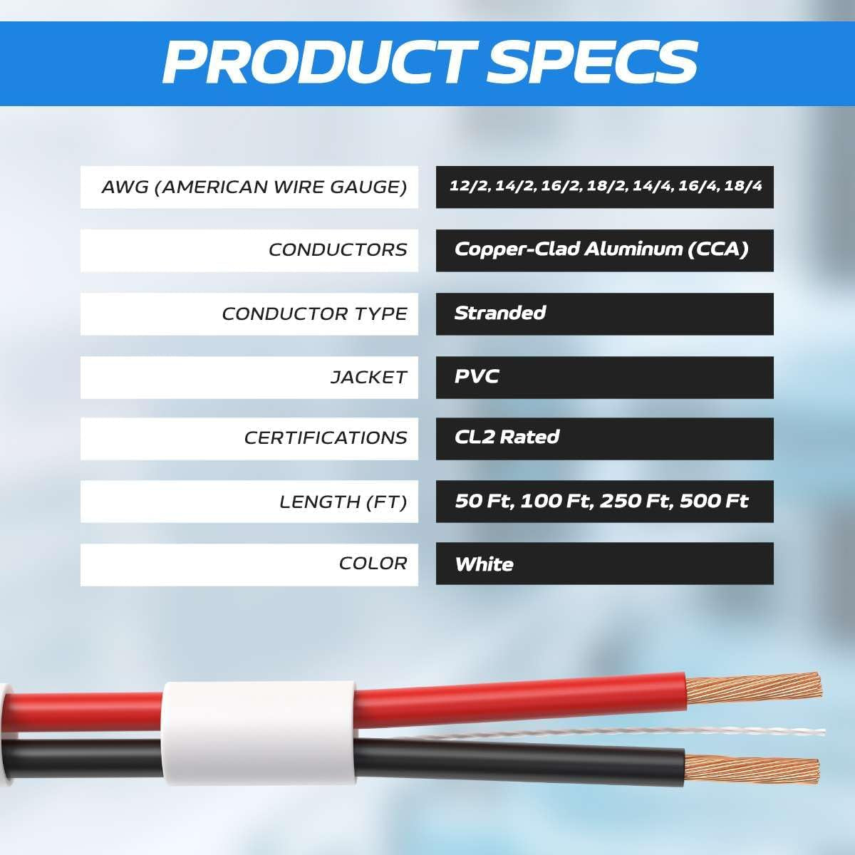250 Feet Speaker Wire 18 Gauge CL2 Rated Indoor Low Voltage Copper Clad Aluminum (CCA) 4 Conductors Cable with Easy Pull Box – Perfect for In-Wall Installation – 18/4